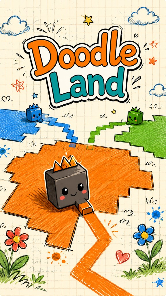 Doodle Land splash — doodle cubes claiming territory on graph paper